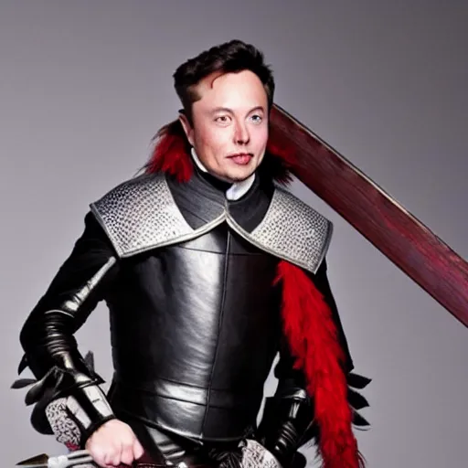 Image similar to photo of elon musk as a musketeer, he has a big black hat with a red feather, he is holding a shiny rapier sword and he is looking straight to the camera, studio lighting