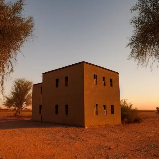 Image similar to Photograph of a generic soviet communist residential block standing lonely in a desert, dawn