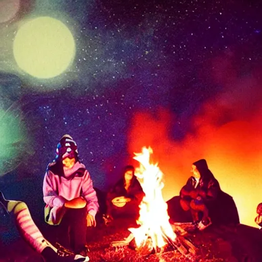 Image similar to grainy 90s poloraid photo of a young woman wearing a Synthwave style hoodie near a campfire, sitting with friends; vintage image artifacts