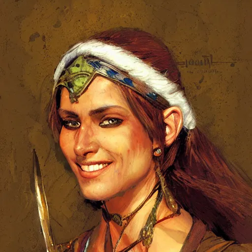 Prompt: a medieval hunter woman with indian ethnicity, cheeky smile, umber color scheme, fantasy character portrait by gaston bussiere, craig mullins