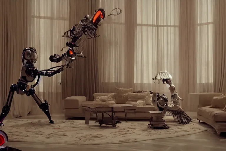 Prompt: VFX movie of old woman dancing with futuristic robot in a decadent living room by Emmanuel Lubezki