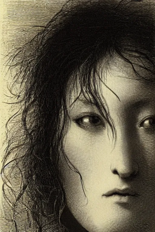 Image similar to extreme close-up portrait of a woman, face covered by hair, forest background, Gustave Dore lithography