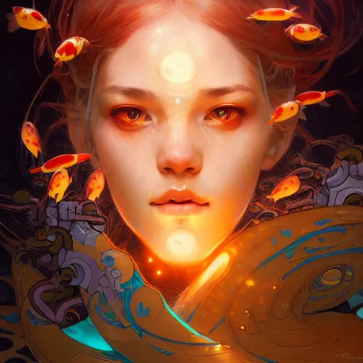 Prompt: Portrait of a cyborg girl surrounded by glowing Koi fish, face, fantasy, intricate, elegant, highly detailed, digital painting, artstation, concept art, smooth, sharp focus, illustration, art by Krenz Cushart and Artem Demura and alphonse mucha