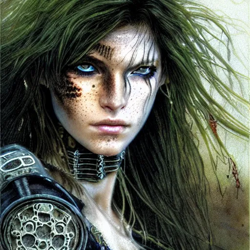 Image similar to an award finning closeup facial portrait by luis royo and john howe of a very beautiful and attractive female bohemian cyberpunk traveller aged 1 9 with green eyes and freckles in clothed in excessively fashionable cyberpunk gear and wearing ornate warpaint