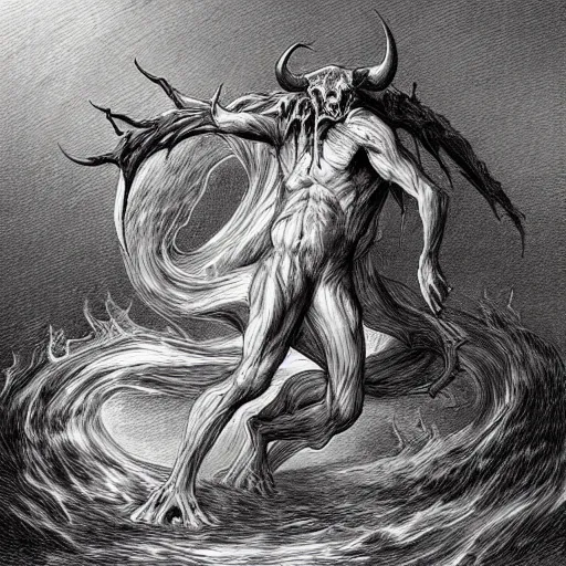 Prompt: full body grayscale drawing by Gustave Dore and Anato Finnstark of horned humanoid demon, engulfed in swirling flames