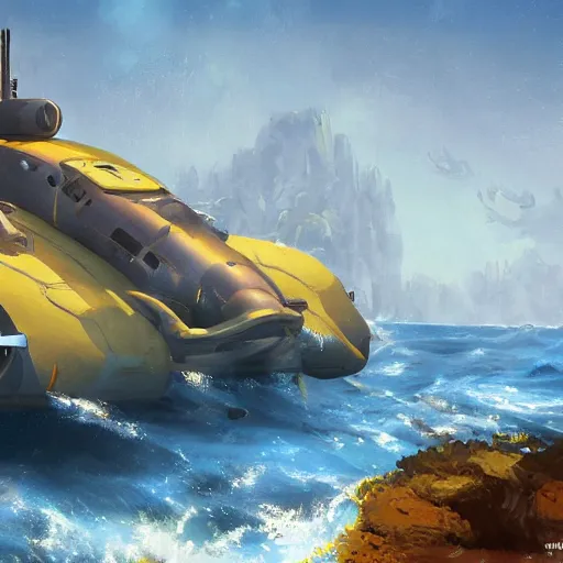 Image similar to submarine painted yellow lifted out of ocean by blue research vessel, golden hour, by tyler edlin, artstation