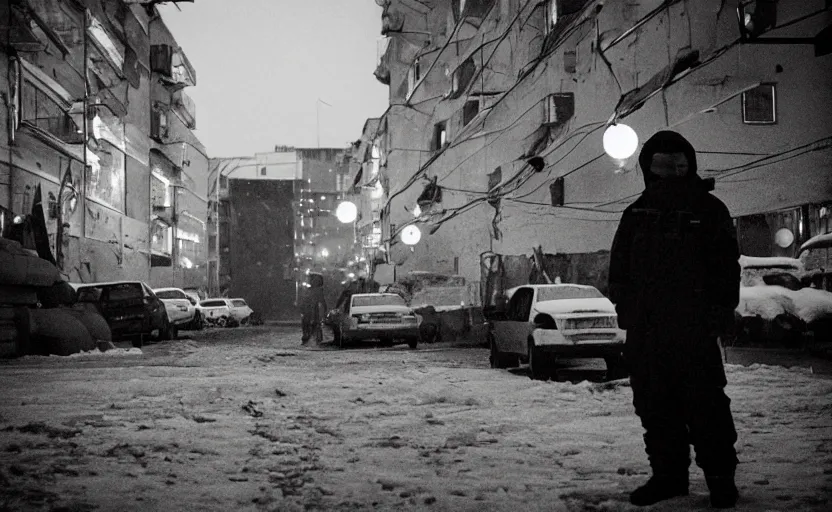 Prompt: In a city of Norilsk on the Moon, a Mysterious man is standing in the middle of a street photo by Trent Parke, bright lights, a city on the Moon