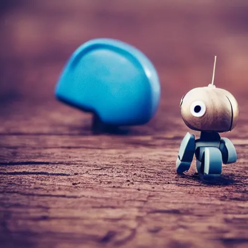 Image similar to an absolutely adorable tiny wooden robot has fallen in love with an acorn, octane, tilt shift, hearts, googly eyes, twee