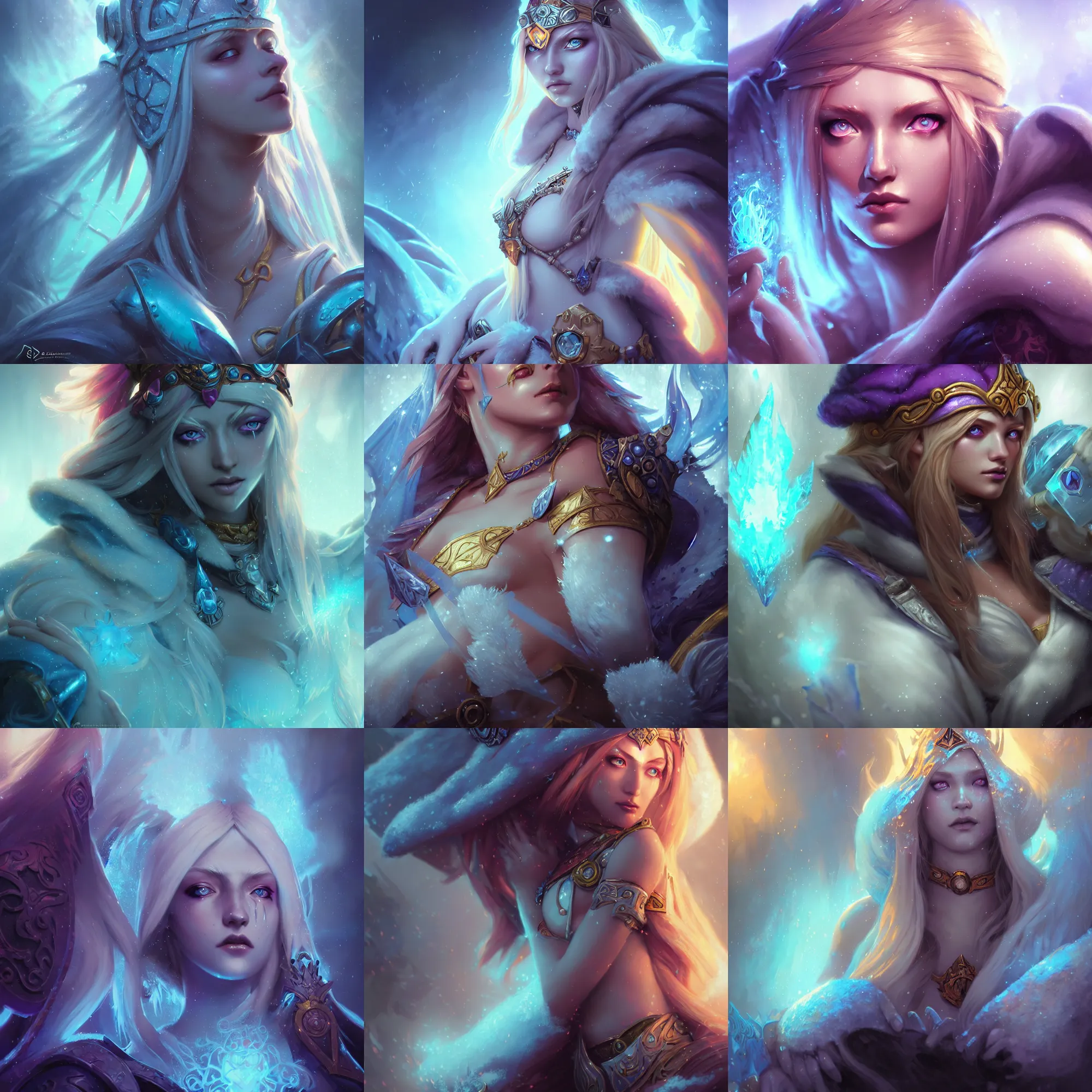 Prompt: closeup of crystal maiden from dota 2, illustration by bastien lecouffe deharme, magic the gathering, valve promotional splash art, desaturated colors, gloomy medieval background by john avon, sparse floating particles, god rays, golden hour, intense frozen background, grim color palette, regal aesthetic, high quality