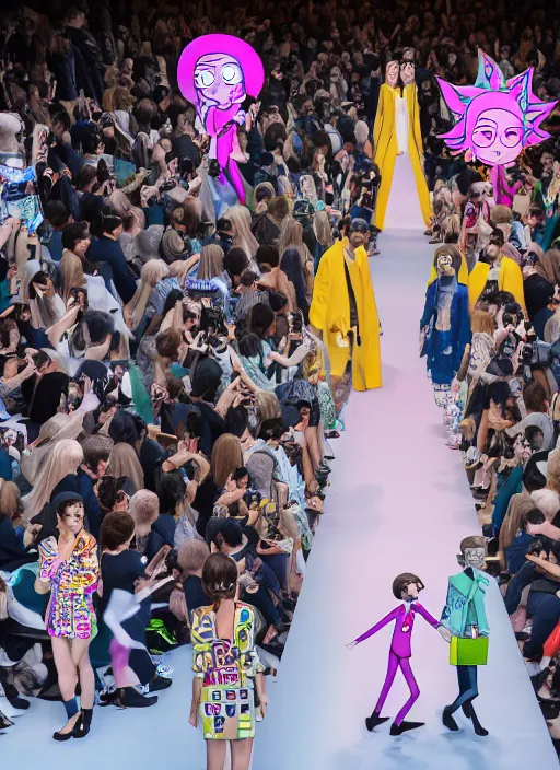 Image similar to hyperrealistic and heavy detailed Louis Vuitton runway show of rick and morty , Leica SL2 50mm, vivid color, high quality, high textured, real life