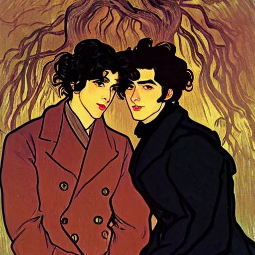 Image similar to painting of young cute handsome beautiful dark medium wavy hair man in his 2 0 s named shadow taehyung and cute handsome beautiful min - jun together at the halloween! party, bubbling cauldron!, candles!, smoke, autumn! colors, elegant, wearing suits!, delicate facial features, art by alphonse mucha, vincent van gogh, egon schiele