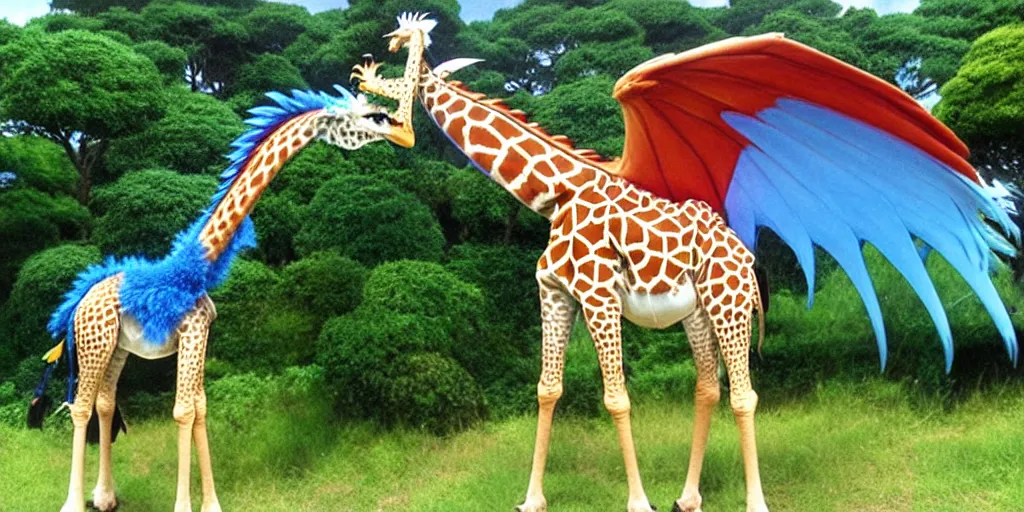 Image similar to giraffe with big blue feathered dragon wings on its back, full body shot, wings, by studio ghibli