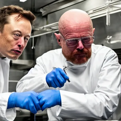 Image similar to elon musk and walter white cooking meth in a laboratory, amazing detail, detailed faces, sharp, 8k