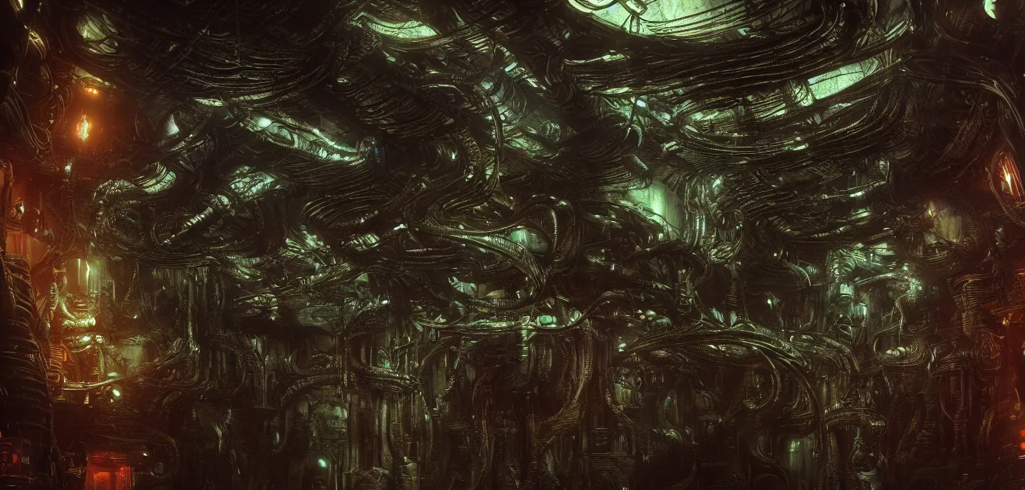 Image similar to Prometheus biological sci-fi environment set close-up, ship control panel close-up, in a nightmarish universe of odd forms and somber tapestry, HR Giger and Vincent Di Fate, vivid color scheme, featured in artstation, octane render, cinematic, elegant, intricate, 8k