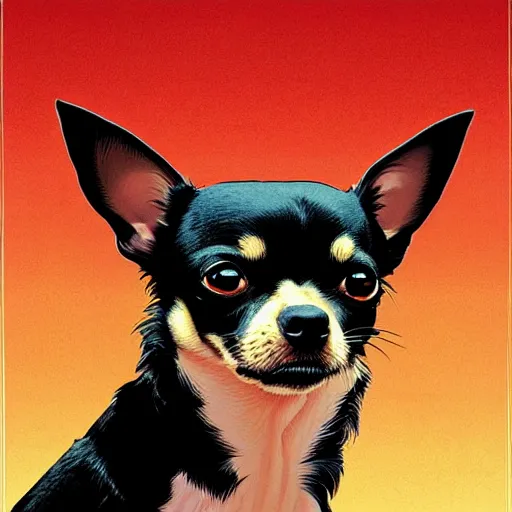 Image similar to portrait of a chihuahua looking angry by martin ansin, comic book art, frank miller, artstation, highly detailed, cinematic, extremely detailed, high quality