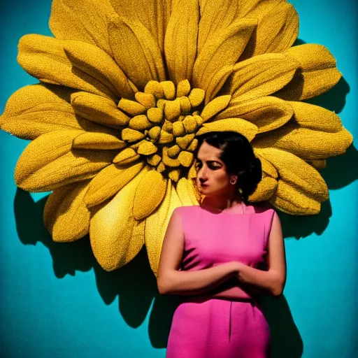 Image similar to giant flower head, frontal, girl standing in mid century hotel, surreal, symmetry, bright colors, cinematic, wes anderson