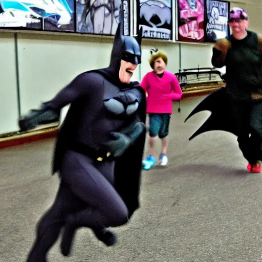 Prompt: high quality selfie photo of grandma being chased by batman