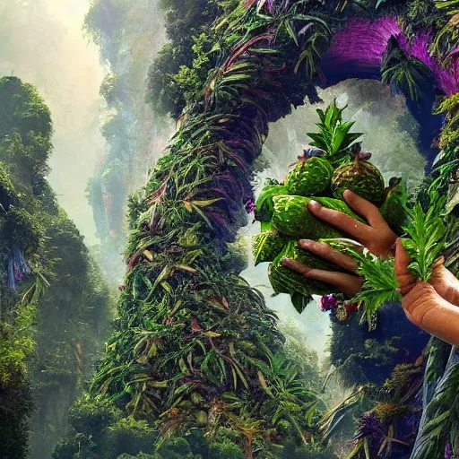 Image similar to the inhabitants of the planet pandora are harvesting. strange but delicious fruits. fantasy trees rounded in zigzags. clear details.