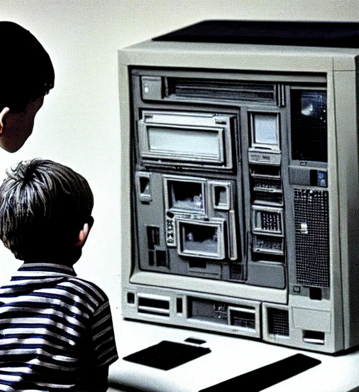 Prompt: boy looking at the PC computer from 90s by Laurie Lipton, grainy film kodak
