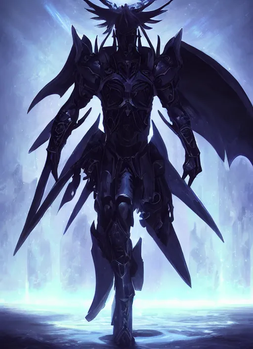 Prompt: dark seraphim knight in light armor wielding a magical lance slaying a sky beast full body silhouette. dark water, cyberpunk pearl armor, futuristic fantasy, highly detailed, digital painting, trending on artstation, concept art, sharp focus, illustration, art by artgerm and nixeu and greg rutkowski and magali villeneuve.