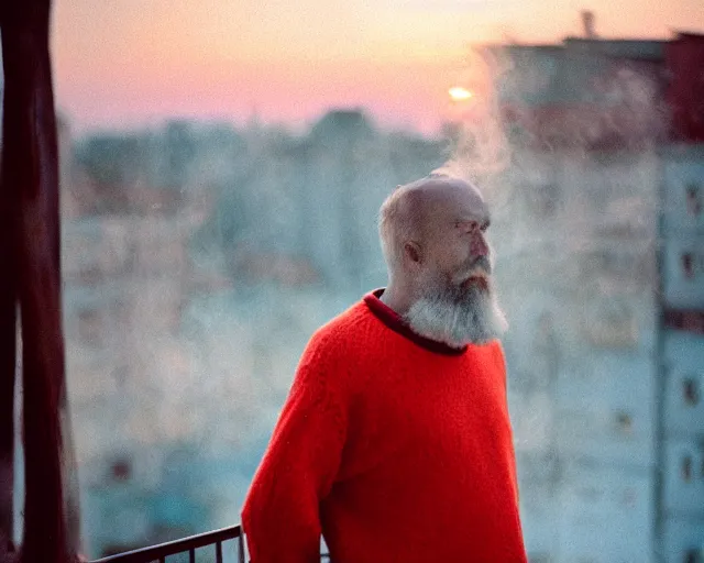 Image similar to lomo photo of 4 0 years russian man with beard and sweater standing on small hrushevka 9 th floor balcony full with cigarette smoke in small russian town looking at sunset, cinestill, bokeh