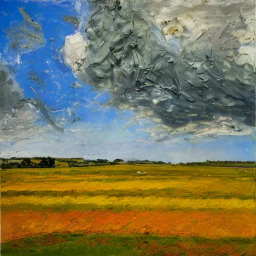 Prompt: oil paint impasto reliefs summer sussex fields, atmospheric, cumulus clouds, some splattered paint, in the style of monet and frank auerbach