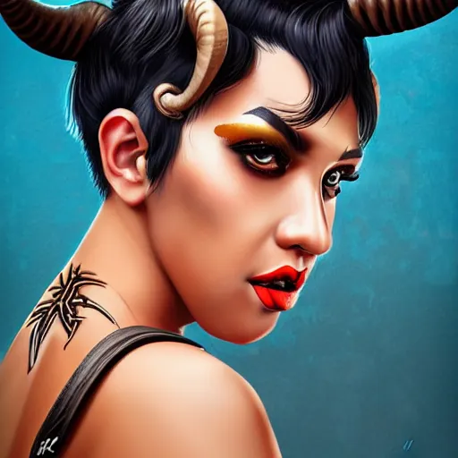 Image similar to illustrated realistic portrait of ram-horned devil woman with blue bob hairstyle and her tan colored skin and with solid black eyes wearing leather by rossdraws