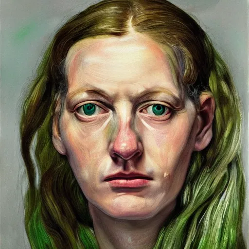 Prompt: high quality high detail painting by lucian freud, hd, green hair woman portrait, photorealistic lighting