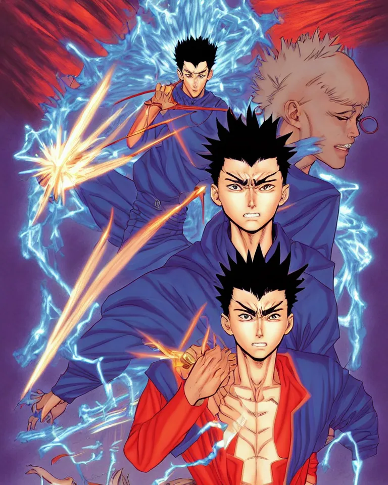 Prompt: a ( fantasy comic ) ( cover art ) portrait of ( yusuke urameshi firing spirit gun ), illustration by ken taylor and sana takeda and jenny frison, fine inking lines, vivid colors, photorealistic, hd, 4 k, trending on artstation