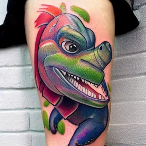 Prompt: beautiful gorgeous tattoo art of barney the dinosaur, extremely intricate, professional art, striking pose, amazing