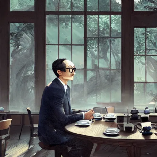 Prompt: a weasel wearing glasses in suits was watching book, surrounded by tea houses ambient lighting, 4 k, fenghua zhong, yangjun chen, wenjun lin, jung gi kim, artstation