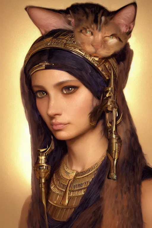 Image similar to softly lit portrait of the beautiful egyptian goddess, bastet, bast, woman / cat hybrid, soft torchlight in an egyptian tomb, digital art by ruan jia and mandy jurgens and artgerm and william - adolphe bouguereau, highly detailed, trending on artstation, award winning,