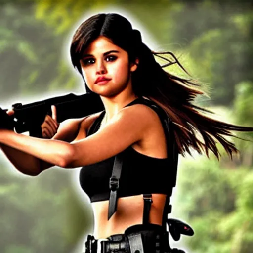 Image similar to Selena Gomez as Lara Croft fighting pirates