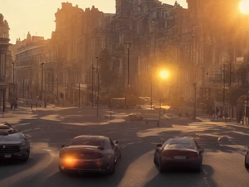 Prompt: 3 cars on london street, dramatic higher up cinematic angle, bright sunset lighting, unreal engine