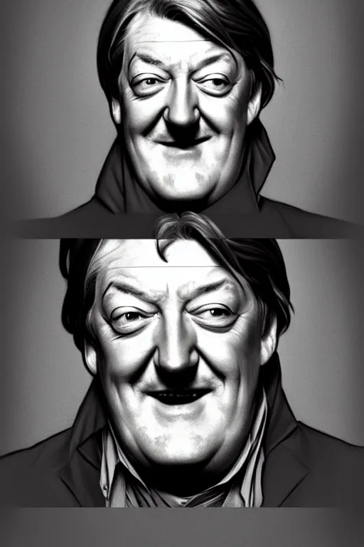 Image similar to stephen fry winking his left eye at the camera, in the style of art by artgerm and greg rutkowski and alphonse mucha