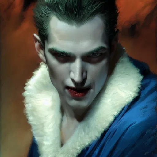 Image similar to detailed cinematic wide shot of beautiful attractive vampire man slim face symettrical face clean skin blue eyes black robe smooth, sharp focus, ultra realistic, spring light, painting by gaston bussiere, craig mullins, j. c. leyendecker