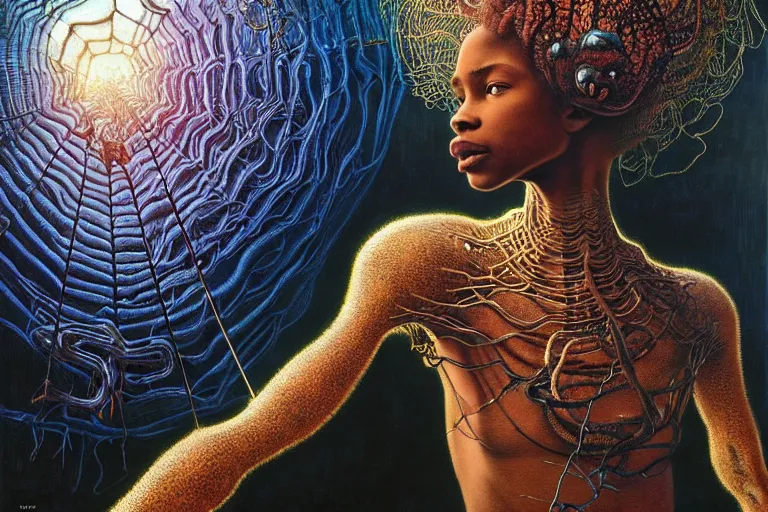 Image similar to realistic detailed portrait movie shot of a beautiful black woman riding a giant spider, dystopian city landscape background by denis villeneuve, amano, yves tanguy, alphonse mucha, max ernst, ernst haeckel, kehinde wiley, caravaggio, jean delville, david lynch, roger dean, cyber necklace, rich moody colours, sci fi patterns, dramatic, wide angle