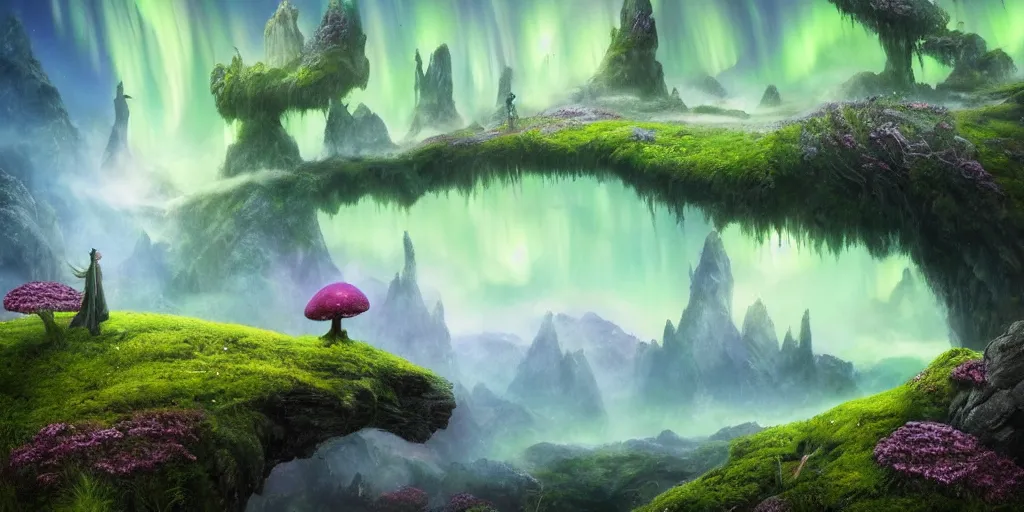 Prompt: fairyland scenery landscape, lord of the rings, aurora borealis, mist, monoliths, flowers, mushroom structures, moss highly detailed, vivid color, perfect lighting, perfect composition, 8 k, brian froud, artgerm, derek zabrocki, greg rutkowski