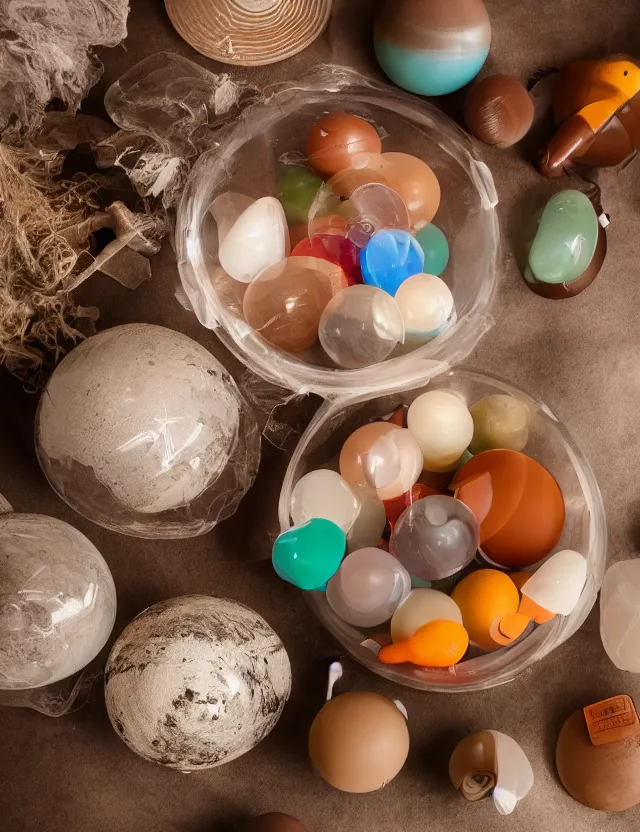 Image similar to a well - lit studio photograph of various earth - toned plastic toys floating in a bowl of water, some wrinkled, some long, various sizes, textures, and transparencies, beautiful, smooth, detailed, inticate