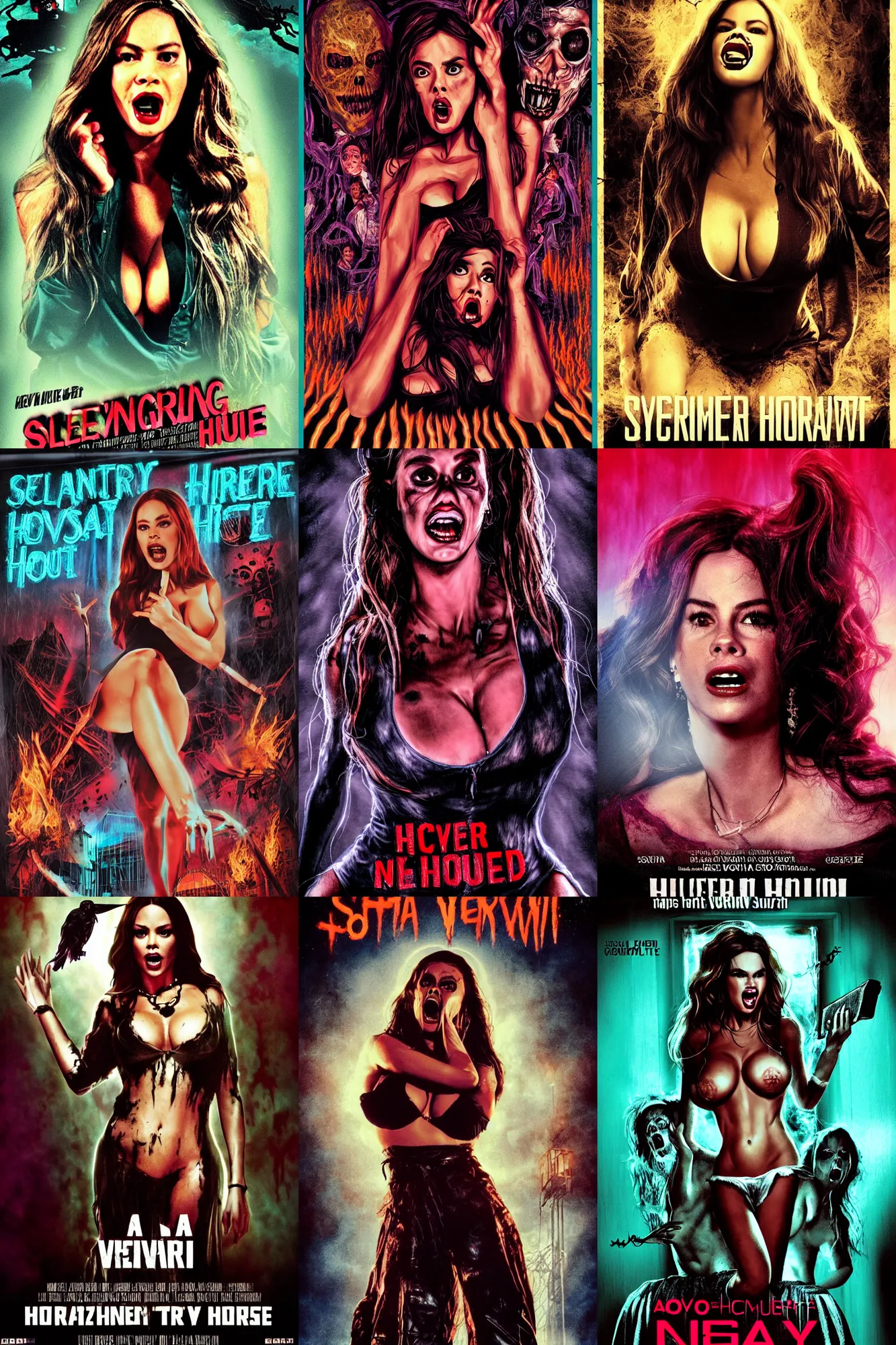 Prompt: a movie poster, horror movie staring Sofía Vergara as the heroine screaming, haunted house themed, by synthwave cyberwave