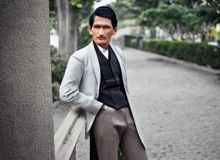 Image similar to outdoor portrait of jose rizal as a very very very extremely handsome!! young man in 2 0 2 2 wearing stylish modern clothes, photo taken in 2 0 2 2, 3 5 mm f 1. 4 digital photo, matte colors