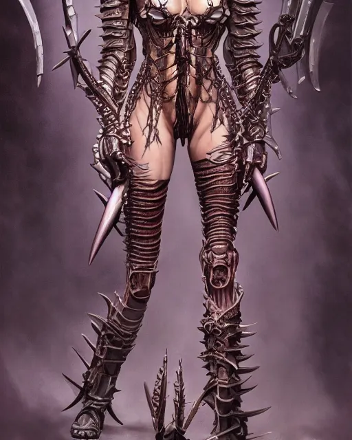 Image similar to portrait of a beautiful savage slaanesh creature female warhammer 4 0 k, wearing futuristic armor with spines horns mechanical parts, by norman rockwell
