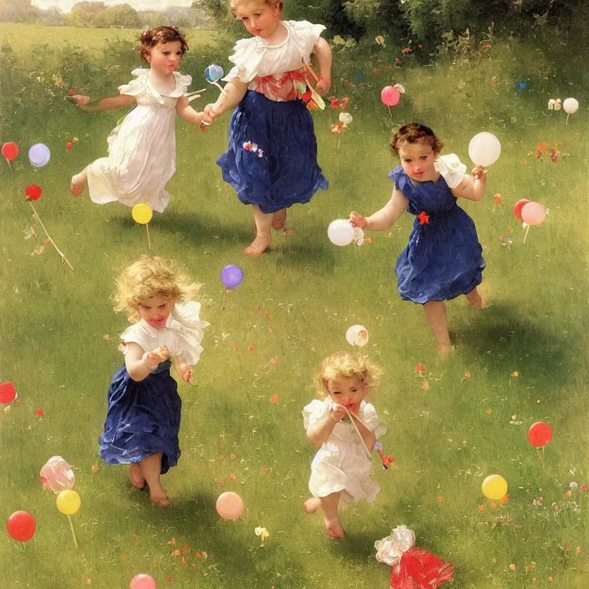 Image similar to idyllic cute toddler children running through meadows with lollypops, streamers, balloons, blue sky, flowers. dreamlike fantasy painting by norman rockwell, bouguereau. trending on artstation.