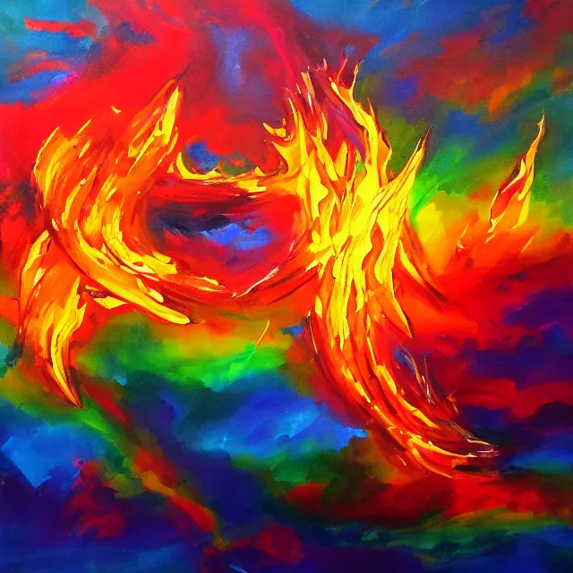 Prompt: cross fire burning in flames, rainbow colors, oil painting, bold strokes