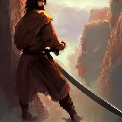 Image similar to a brown haired young swordsman with a short beard in the style of marc simonetti