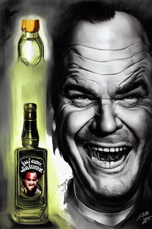 Image similar to a bottle of jack nicholson, jack nicholson inside the bottle, by artgerm and greg rutkowski