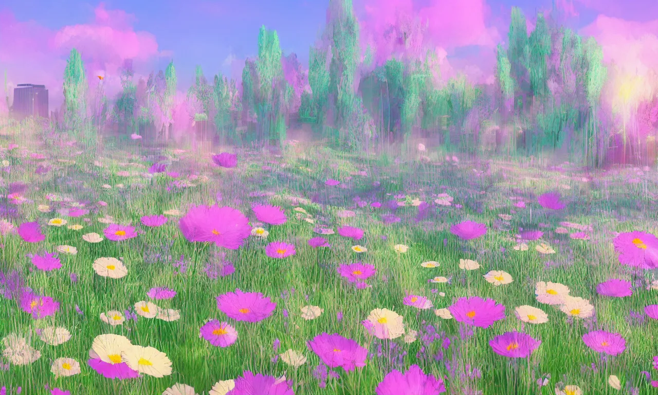 Image similar to meadow flowers, pastel colors, nordic noire, cityscape, digital art, 3 d illustration