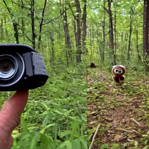 Prompt: trail cam footage of cheburashka