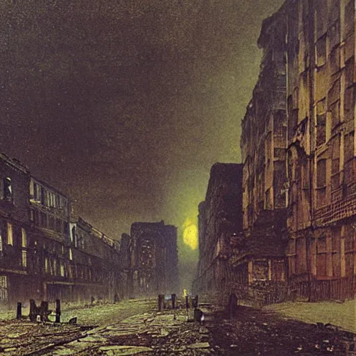 Prompt: the dead city, ruined buildings like broken teeth, artwork by ohn Atkinson Grimshaw