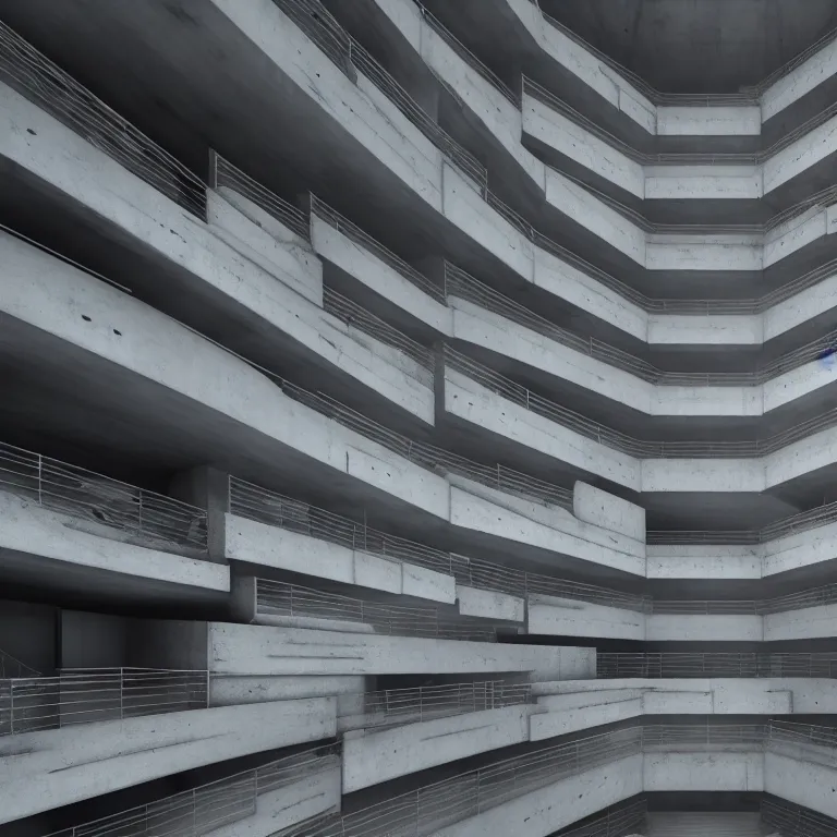 Image similar to Concrete gray multi-layered underground structure with multiple floors and a plus-shaped cleft in the center. Inside view, straight lines, extremely high detail, ultra realistic, photorealism, 8k, symmetrical, brutalism, octane render, architecture, volumetric lighting, cinematic
